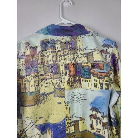 Chicos Womens Wearable Art Jacket Medium Yellow Blue Abstract Novelty Shacket - Picture 4 of 8